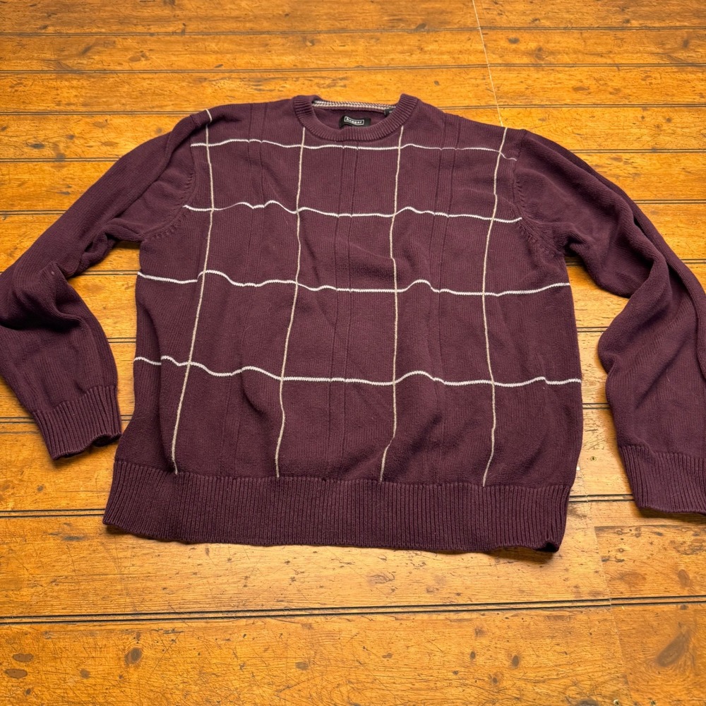Haggar Mens Burgundy White Windowpane Knit Sweater Pullover L‎ G